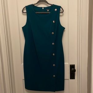 Tommy Hilfiger green shift dress with silver button decor.